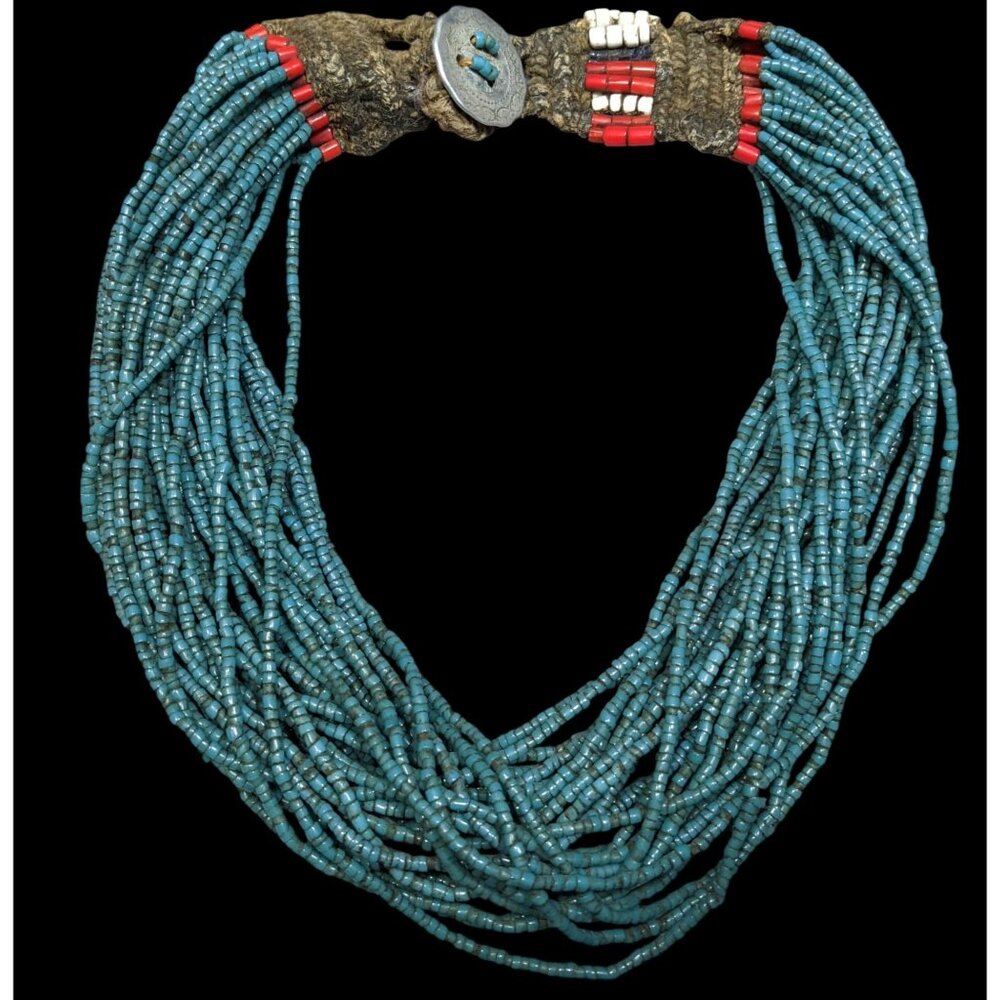 Vintage Authentic Konyak Naga Multistrand Glass Beaded Necklace With Macrame Cla